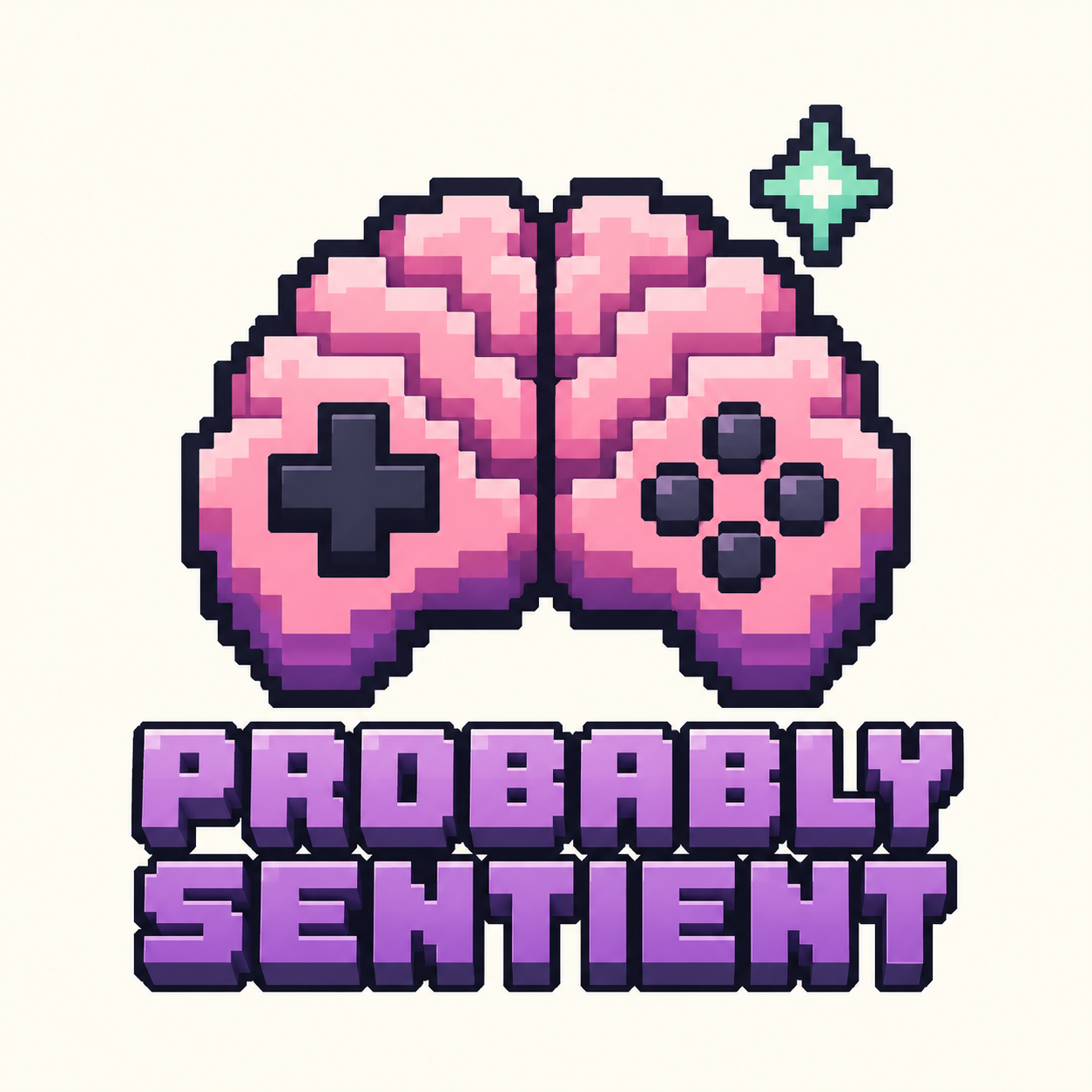 Probably Sentient — a pink pixel brain controller, mint AI sparkle, and purple block lettering